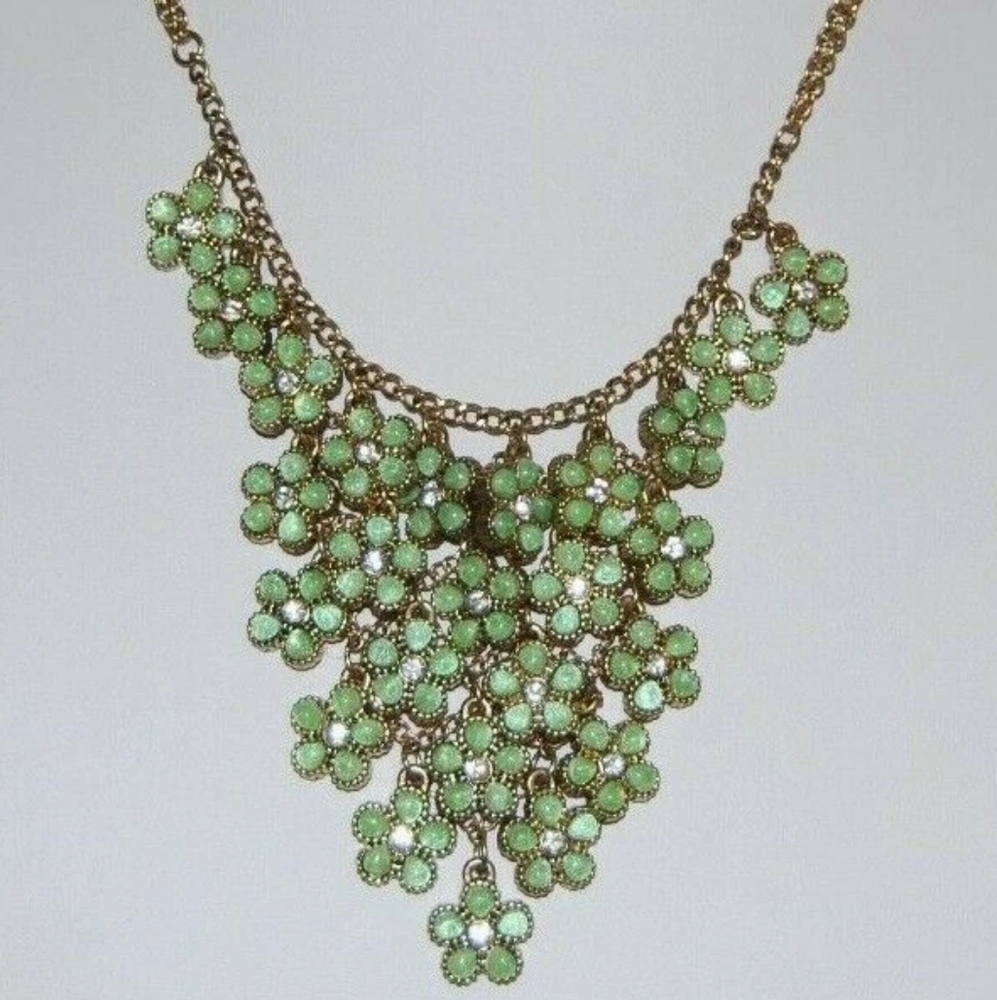 Vintage Floral Light Green & Rhinestone Necklace Bib Style